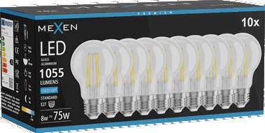 Mexen Vintis 10x Žárovka filament LED E27, A60, 8W, Studená - 6500K, 1055 lm, čirá - L150-E27-0865-00x10