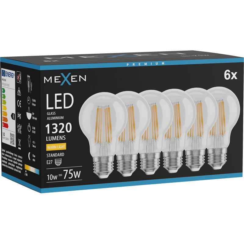 Mexen Vintis 6x LED filament žárovka E27, A60, 10W, Teplá - 2700K, 1320 lm, čirá - L150-E27-1027-00x06