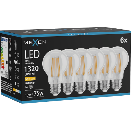 Mexen Vintis 6x LED filament žárovka E27, A60, 10W, Teplá - 2700K, 1320 lm, čirá - L150-E27-1027-00x06