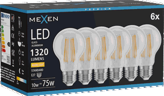 Mexen Vintis 6x LED filament žárovka E27, A60, 10W, Teplá - 2700K, 1320 lm, čirá - L150-E27-1027-00x06