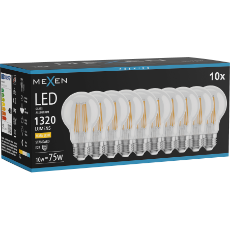 Mexen Vintis 10x Žárovka filament LED E27, A60, 10W, Teplá - 2700K, 1320 lm, čirá - L150-E27-1027-00x10
