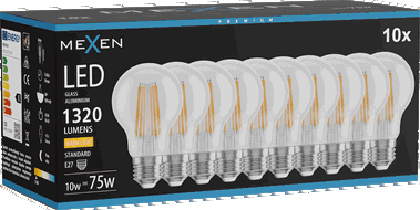 Mexen Vintis 10x Žárovka filament LED E27, A60, 10W, Teplá - 2700K, 1320 lm, čirá - L150-E27-1027-00x10