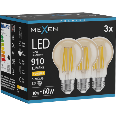 Mexen Vintis 3x LED žárovka filament E27, A60, 10W, Teplá - 2700K, 910 lm, jantarová - L150-E27-1027-50x03