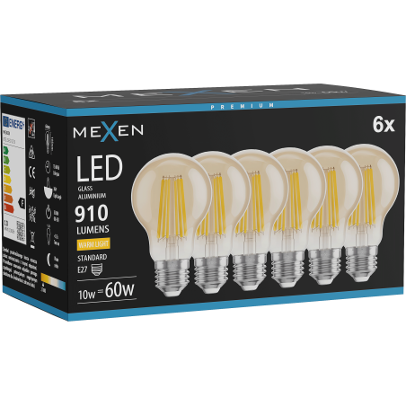 Mexen Vintis 6x Žárovka filament LED E27, A60, 10W, Teplá - 2700K, 910 lm, jantarová - L150-E27-1027-50x06