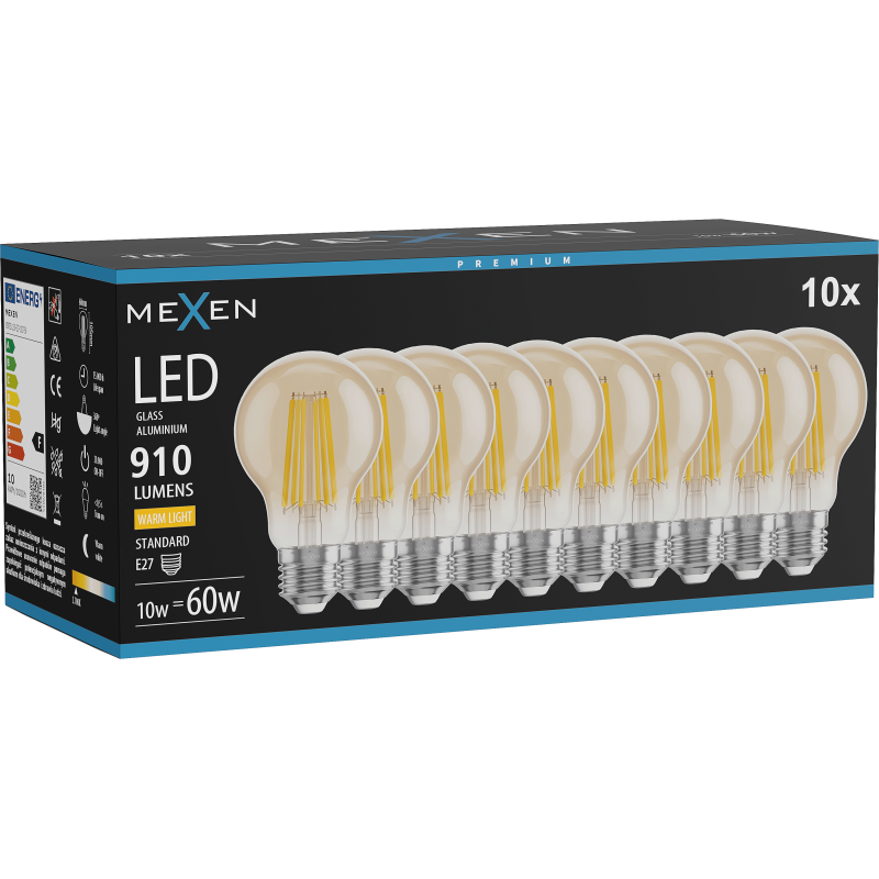 Mexen Vintis 10x žárovka filament LED E27, A60, 10W, Teplá - 2700K, 910 lm, jantarová - L150-E27-1027-50x10