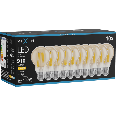 Mexen Vintis 10x žárovka filament LED E27, A60, 10W, Teplá - 2700K, 910 lm, jantarová - L150-E27-1027-50x10
