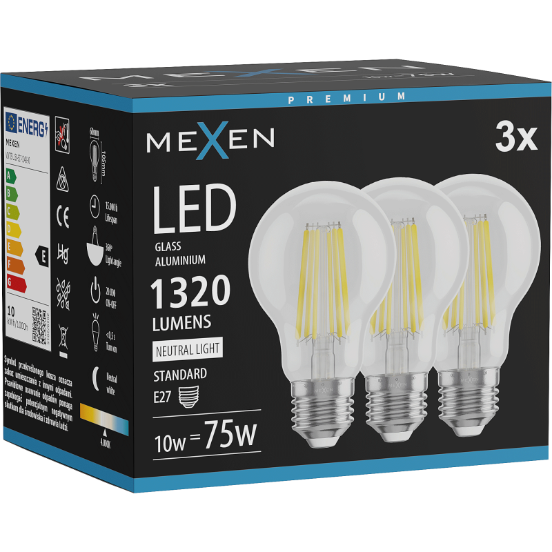 Mexen Vintis 3x Žárovka filament LED E27, A60, 10W, Neutrální - 4000K, 1320 lm, čirá - L150-E27-1040-00x03