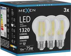 Mexen Vintis 3x Žárovka filament LED E27, A60, 10W, Neutrální - 4000K, 1320 lm, čirá - L150-E27-1040-00x03