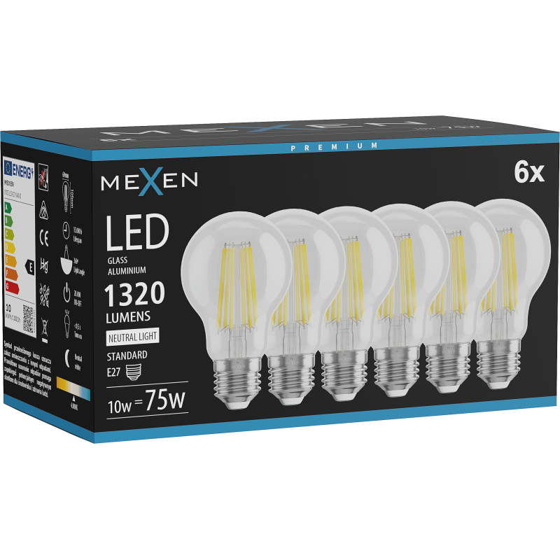 Mexen Vintis 6x žárovka filament LED E27, A60, 10W, Neutrální - 4000K, 1320 lm, čirá - L150-E27-1040-00x06