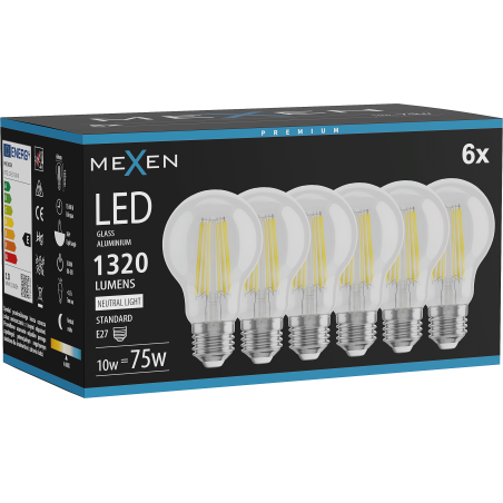 Mexen Vintis 6x žárovka filament LED E27, A60, 10W, Neutrální - 4000K, 1320 lm, čirá - L150-E27-1040-00x06