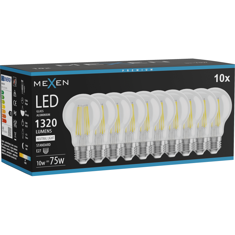 Mexen Vintis 10x Žárovka filament LED E27, A60, 10W, Neutrální - 4000K, 1320 lm, čirá - L150-E27-1040-00x10