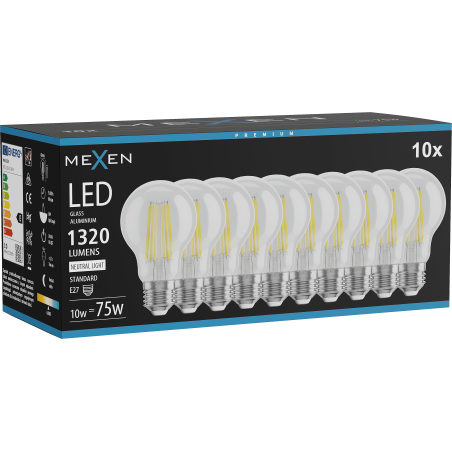 Mexen Vintis 10x Žárovka filament LED E27, A60, 10W, Neutrální - 4000K, 1320 lm, čirá - L150-E27-1040-00x10