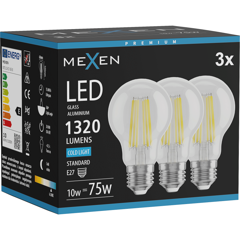 Mexen Vintis 3x žárovka filament LED E27, A60, 10W, Studená - 6500K, 1320 lm, čirá - L150-E27-1065-00x03