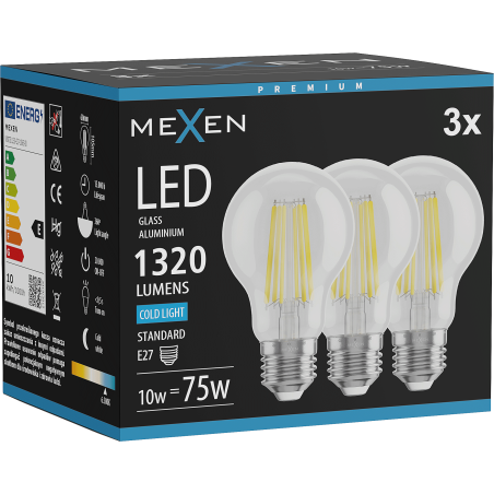 Mexen Vintis 3x žárovka filament LED E27, A60, 10W, Studená - 6500K, 1320 lm, čirá - L150-E27-1065-00x03