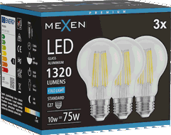 Mexen Vintis 3x žárovka filament LED E27, A60, 10W, Studená - 6500K, 1320 lm, čirá - L150-E27-1065-00x03