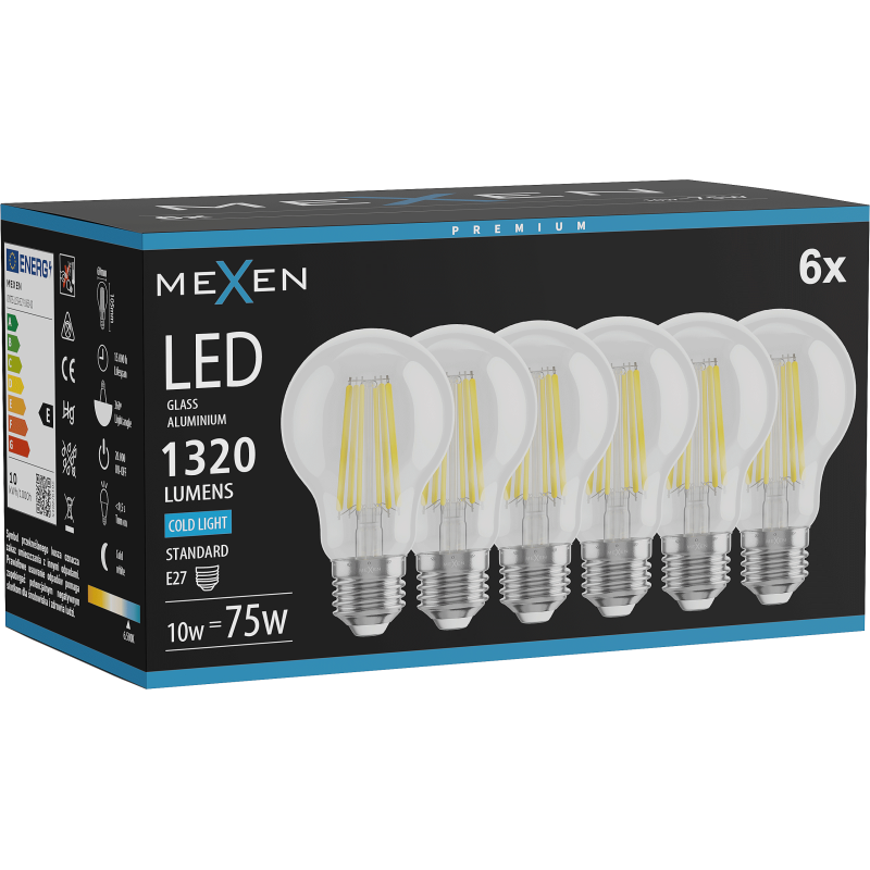 Mexen Vintis 6x Žárovka filament LED E27, A60, 10W, Studená - 6500K, 1320 lm, čirá - L150-E27-1065-00x06
