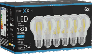Mexen Vintis 6x Žárovka filament LED E27, A60, 10W, Studená - 6500K, 1320 lm, čirá - L150-E27-1065-00x06