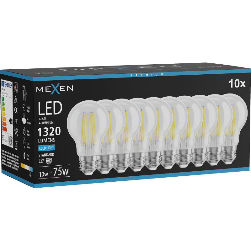 Mexen Vintis 10x LED žárovka filament E27, A60, 10W, Studená - 6500K, 1320 lm, čirá - L150-E27-1065-00x10