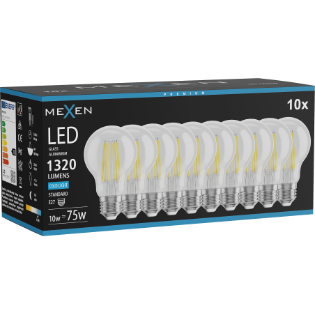 Mexen Vintis 10x LED žárovka filament E27, A60, 10W, Studená - 6500K, 1320 lm, čirá - L150-E27-1065-00x10