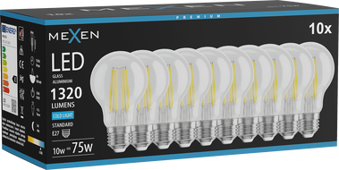 Mexen Vintis 10x LED žárovka filament E27, A60, 10W, Studená - 6500K, 1320 lm, čirá - L150-E27-1065-00x10