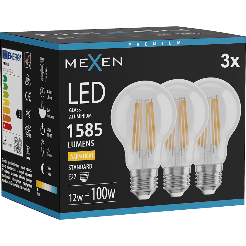 Mexen Vintis 3x LED filamentová žárovka E27, A60, 12W, Teplá - 2700K, 1585 lm, clear - L150-E27-1227-00x03