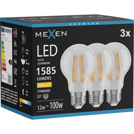 Mexen Vintis 3x LED filamentová žárovka E27, A60, 12W, Teplá - 2700K, 1585 lm, clear - L150-E27-1227-00x03