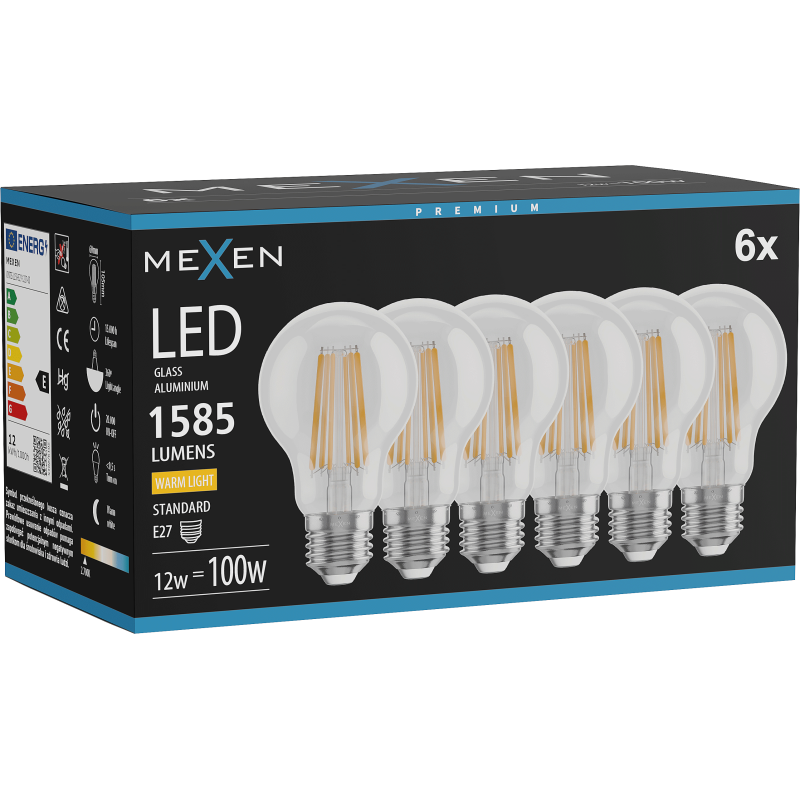 Mexen Vintis 6x Žárovka filament LED E27, A60, 12W, Teplá - 2700K, 1585 lm, čirá - L150-E27-1227-00x06