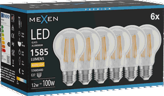 Mexen Vintis 6x Žárovka filament LED E27, A60, 12W, Teplá - 2700K, 1585 lm, čirá - L150-E27-1227-00x06