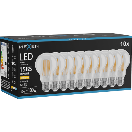 Mexen Vintis 10x žárovka filament LED E27, A60, 12W, Teplá - 2700K, 1585 lm, čirá - L150-E27-1227-00x10