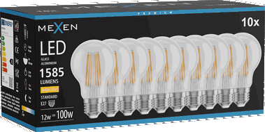 Mexen Vintis 10x žárovka filament LED E27, A60, 12W, Teplá - 2700K, 1585 lm, čirá - L150-E27-1227-00x10