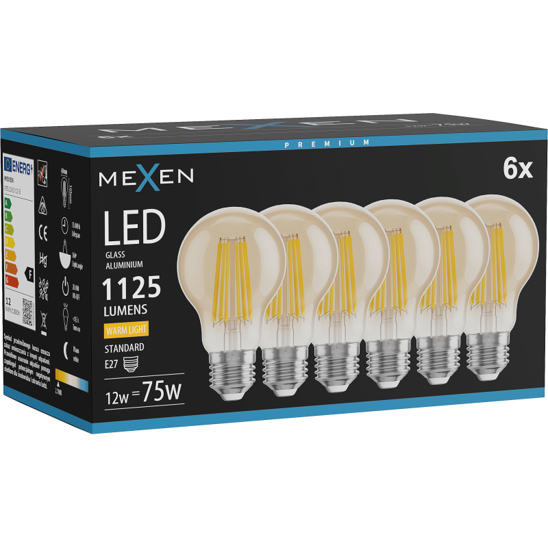 Mexen Vintis 6x Žárovka filament LED E27, A60, 12W, Teplá - 2700K, 1125 lm, jantarová - L150-E27-1227-50x06