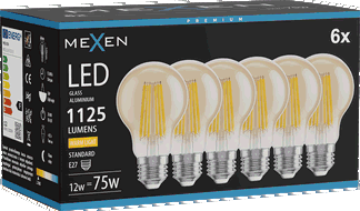 Mexen Vintis 6x Žárovka filament LED E27, A60, 12W, Teplá - 2700K, 1125 lm, jantarová - L150-E27-1227-50x06