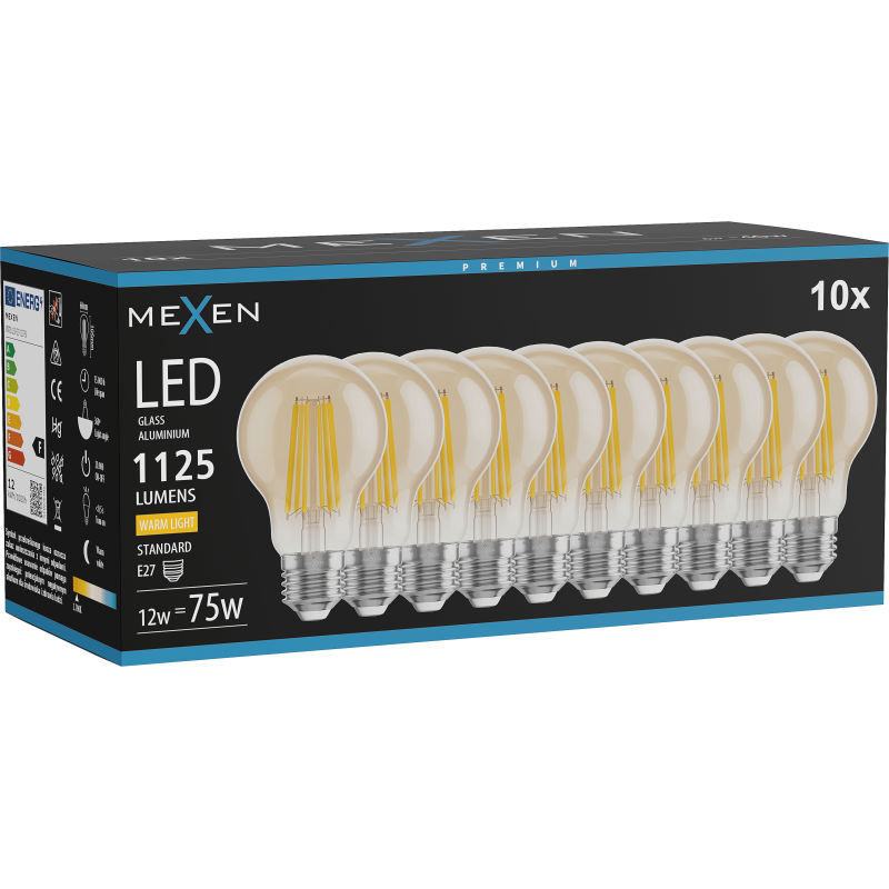 Mexen Vintis 10x LED žárovka filament E27, A60, 12W, Teplá - 2700K, 1125 lm, amber - L150-E27-1227-50x10