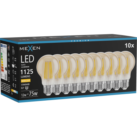 Mexen Vintis 10x LED žárovka filament E27, A60, 12W, Teplá - 2700K, 1125 lm, amber - L150-E27-1227-50x10