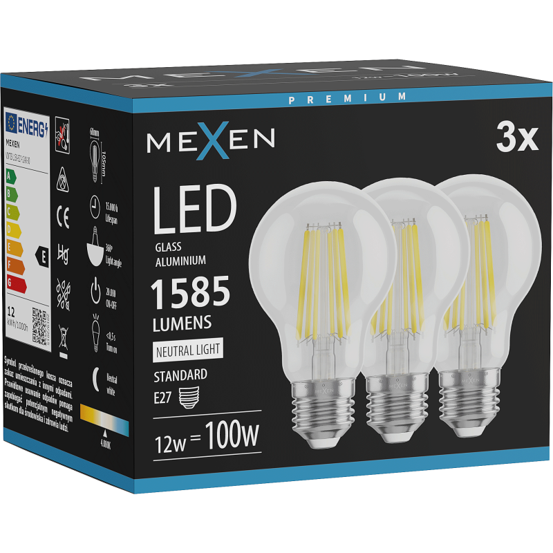 Mexen Vintis 3x žárovka filament LED E27, A60, 12W, Neutrální - 4000K, 1585 lm, čirá - L150-E27-1240-00x03