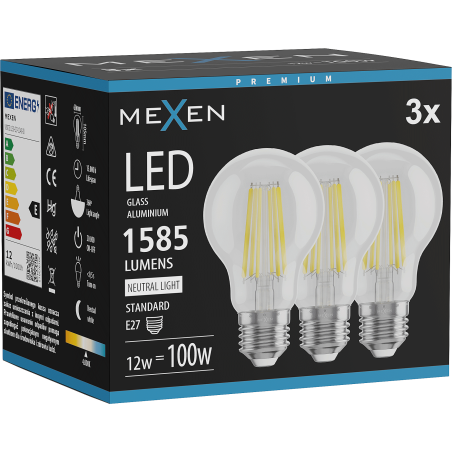 Mexen Vintis 3x žárovka filament LED E27, A60, 12W, Neutrální - 4000K, 1585 lm, čirá - L150-E27-1240-00x03