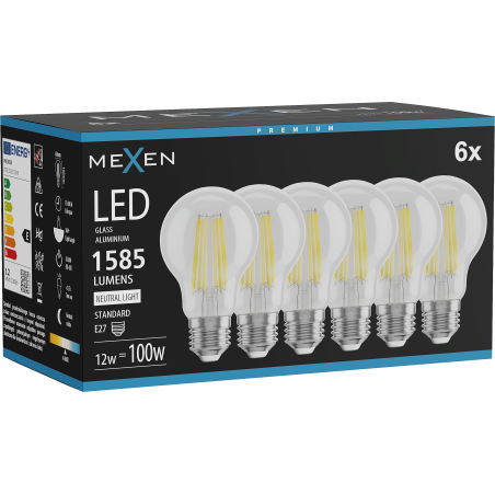 Mexen Vintis 6x Žárovka filament LED E27, A60, 12W, Neutrální - 4000K, 1585 lm, čirá - L150-E27-1240-00x06