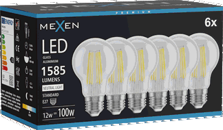 Mexen Vintis 6x Žárovka filament LED E27, A60, 12W, Neutrální - 4000K, 1585 lm, čirá - L150-E27-1240-00x06