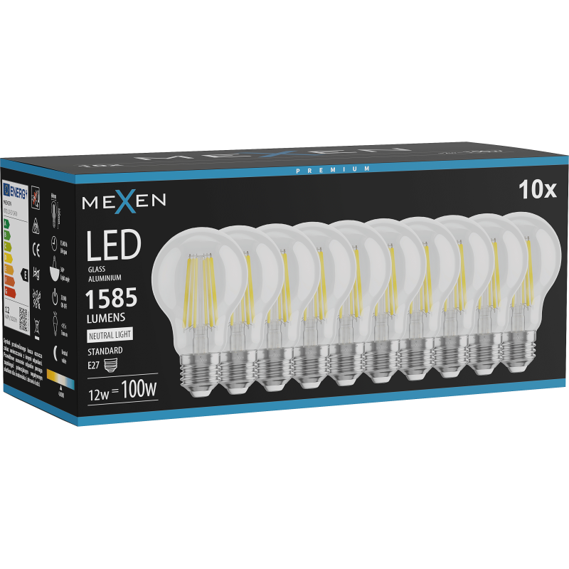 Mexen Vintis 10x žárovka filament LED E27, A60, 12W, Neutrální - 4000K, 1585 lm, čirá - L150-E27-1240-00x10