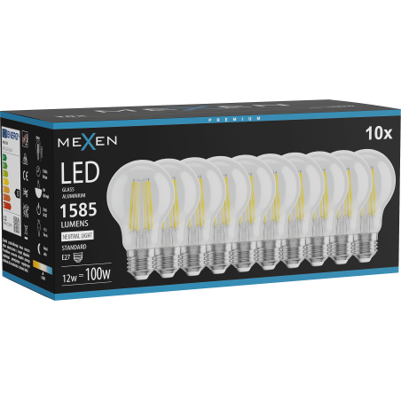 Mexen Vintis 10x žárovka filament LED E27, A60, 12W, Neutrální - 4000K, 1585 lm, čirá - L150-E27-1240-00x10