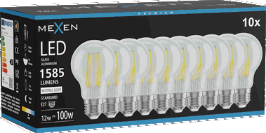 Mexen Vintis 10x žárovka filament LED E27, A60, 12W, Neutrální - 4000K, 1585 lm, čirá - L150-E27-1240-00x10