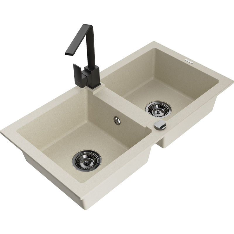 Mexen Mario dvoukomorový žulový dřez s kuchyňskou baterií Rita, béžový - 6504-69-670300-70