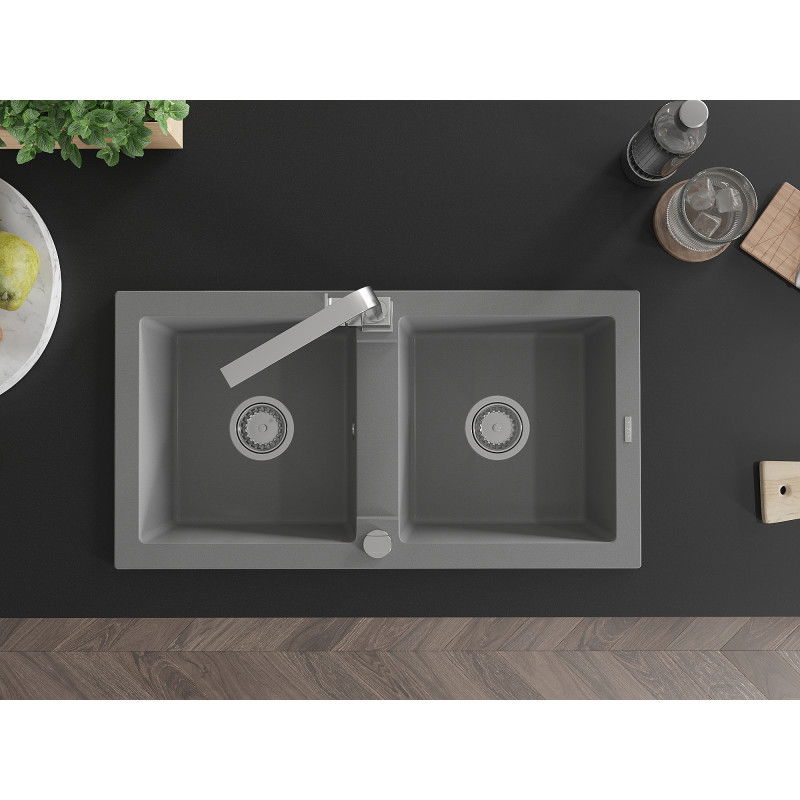 Mexen Mario žulový dřez 2-komorový s kuchyňskou baterií Rita, šedý - 6504-71-670300-00