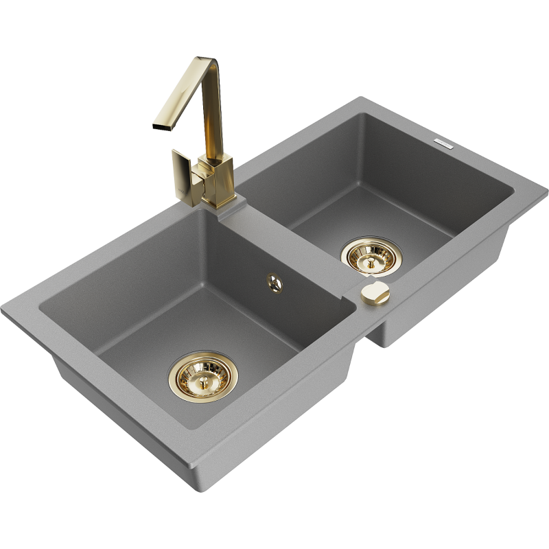 Mexen Mario dřez granitový 2-komorový s kuchyňskou baterií Rita, šedý - 6504-71-670300-50