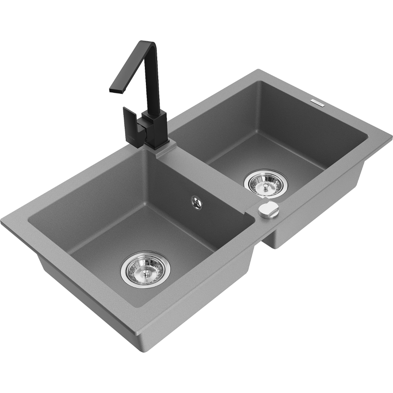Mexen Mario granitový dřez 2-komorový s kuchyňskou baterií Rita, šedý - 6504-71-670300-70