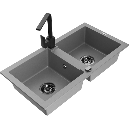 Mexen Mario dřezový granitový 2-komorový s kuchyňskou baterií Rita, šedý - 6504-71-670300-70-B