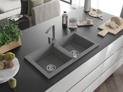 Mexen Mario granitový dřez 2-komorový s kuchyňskou baterií Rita, šedý - 6504-71-670300-71