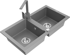 Mexen Mario granitový dřez 2-komorový s kuchyňskou baterií Rita, šedý - 6504-71-670300-71