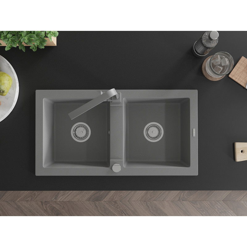 Mexen Mario granitový dřez 2-komorový s kuchyňskou baterií Rita, šedý - 6504-71-670300-71