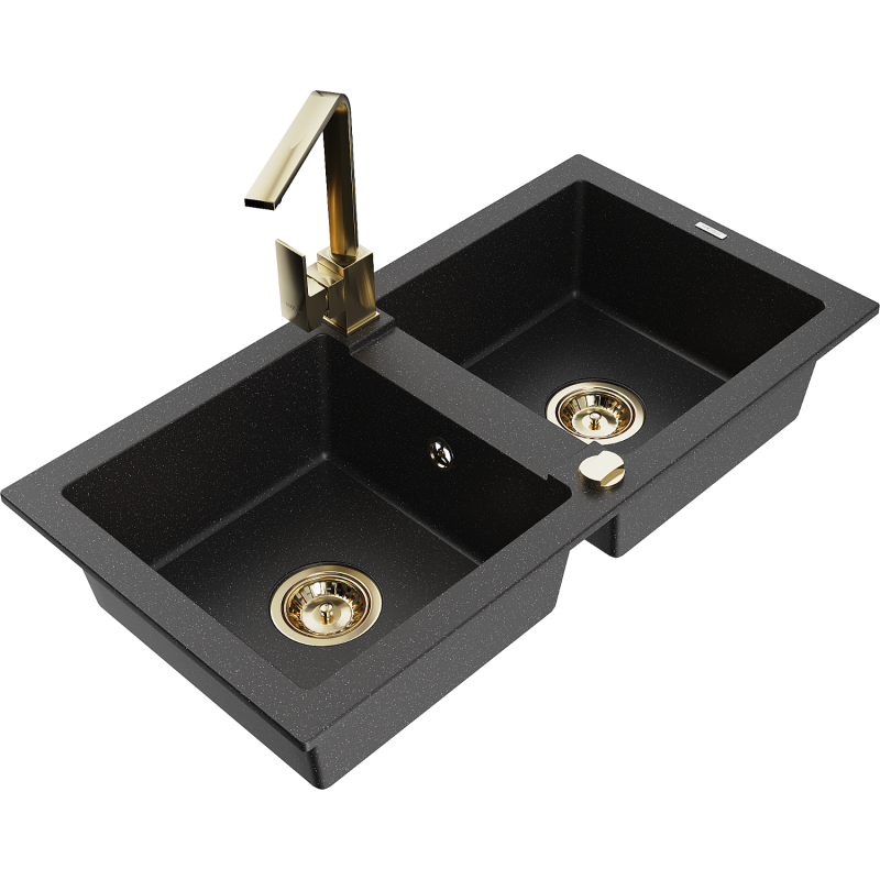 Mexen Mario dřez žulový 2-komorový s kuchyňskou baterií Rita, černý/stříbrný metalík - 6504-73-670300-50